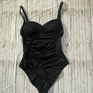 Liz Claiborne Womens Black Shirred Twist Front One Piece Swimsuit Size 8 Ruched